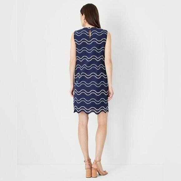 NEW Ann Taylor Petite Wave Embroidered Scalloped Shift Dress Sz 10 Navy #614409 - Picture 3 of 8